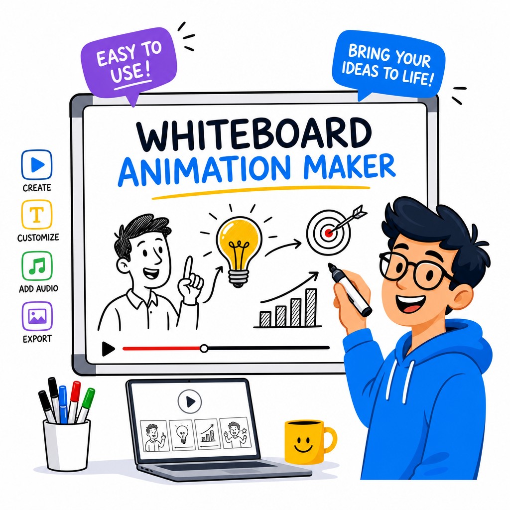 Whiteboard Animation Maker interface preview — drag-and-drop video creation tool