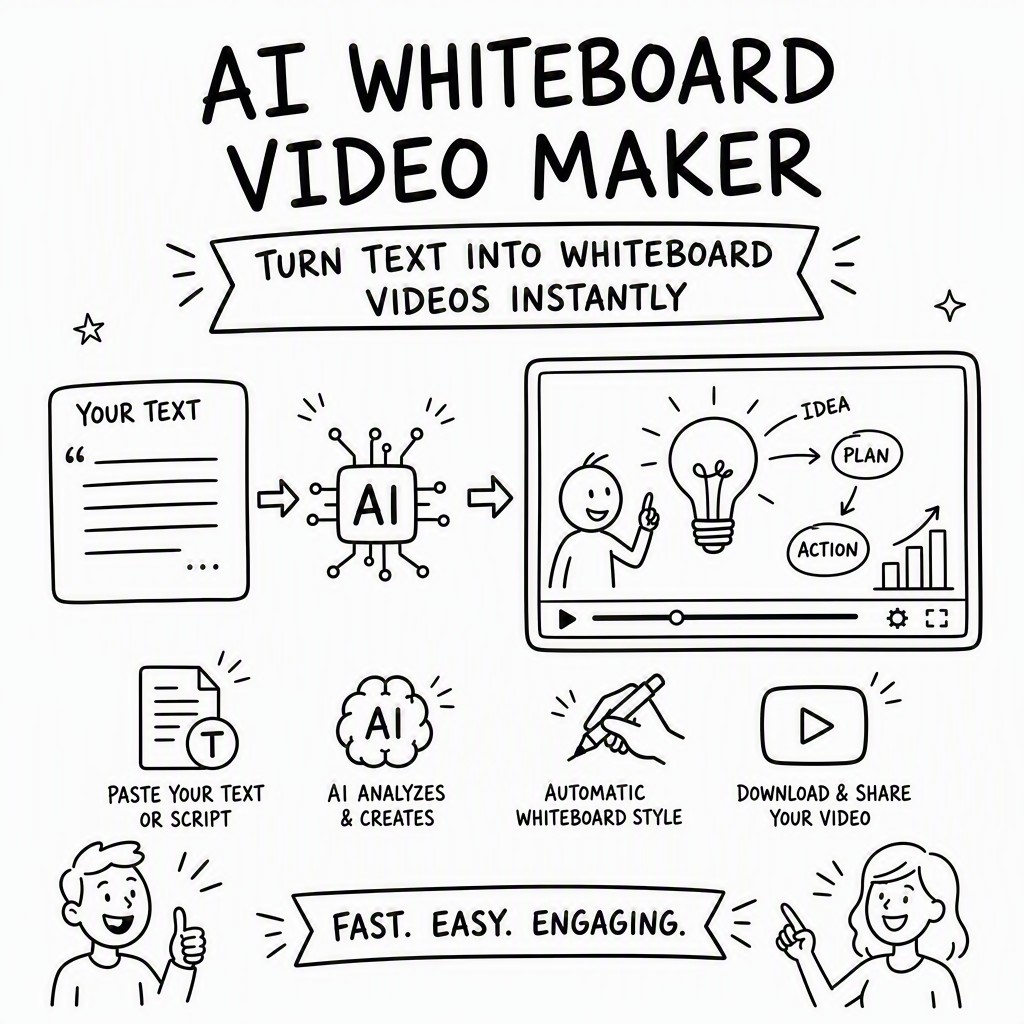 AI whiteboard video maker interface showing a text prompt being converted into an animated whiteboard scene