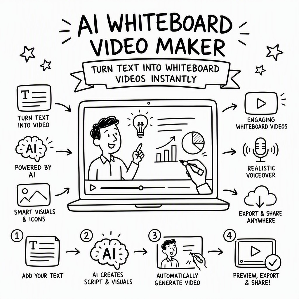 AI whiteboard video maker generating hand-drawn illustrations and voiceover from a text script automatically