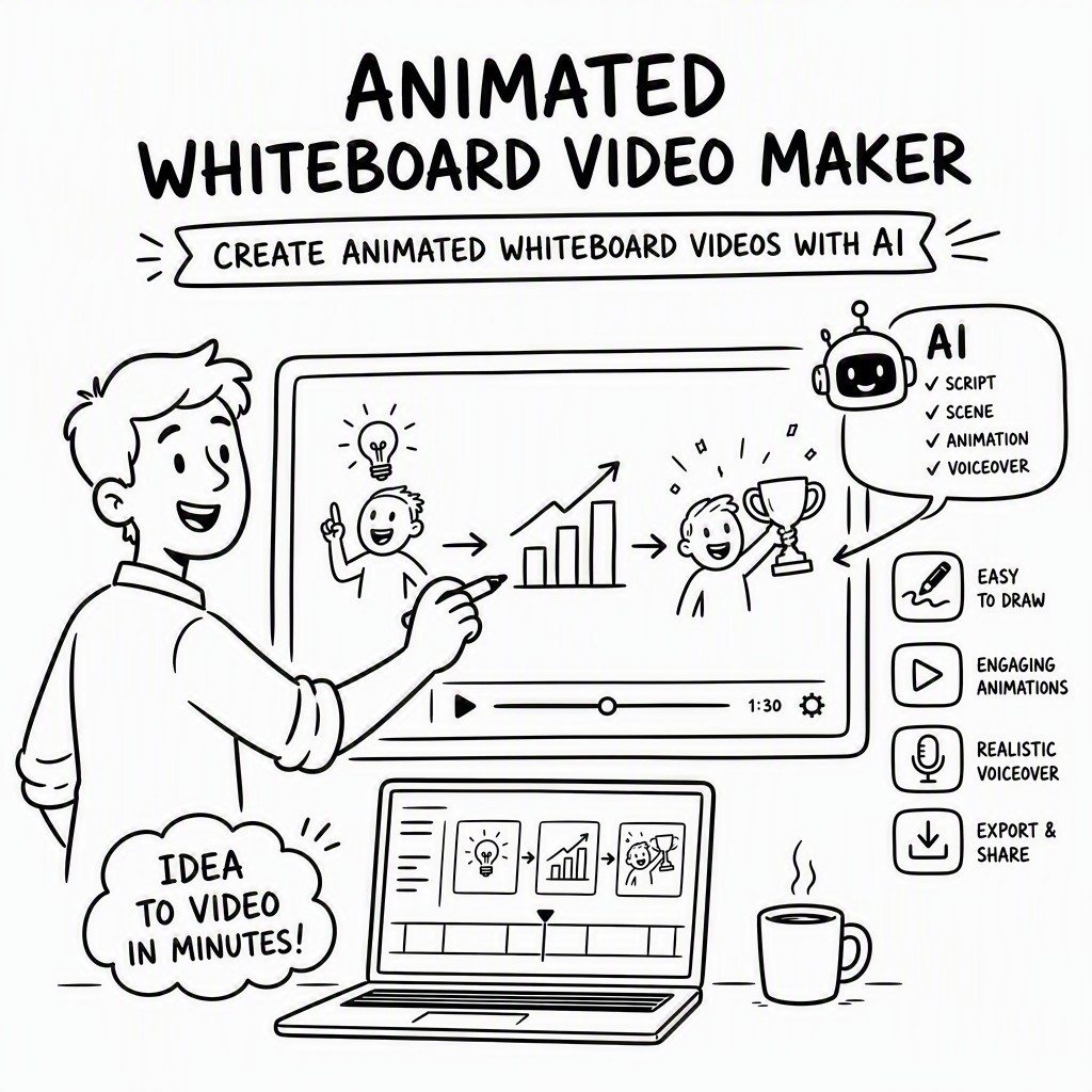Animated whiteboard video maker interface showing AI-generated hand-drawn scenes and timeline editor