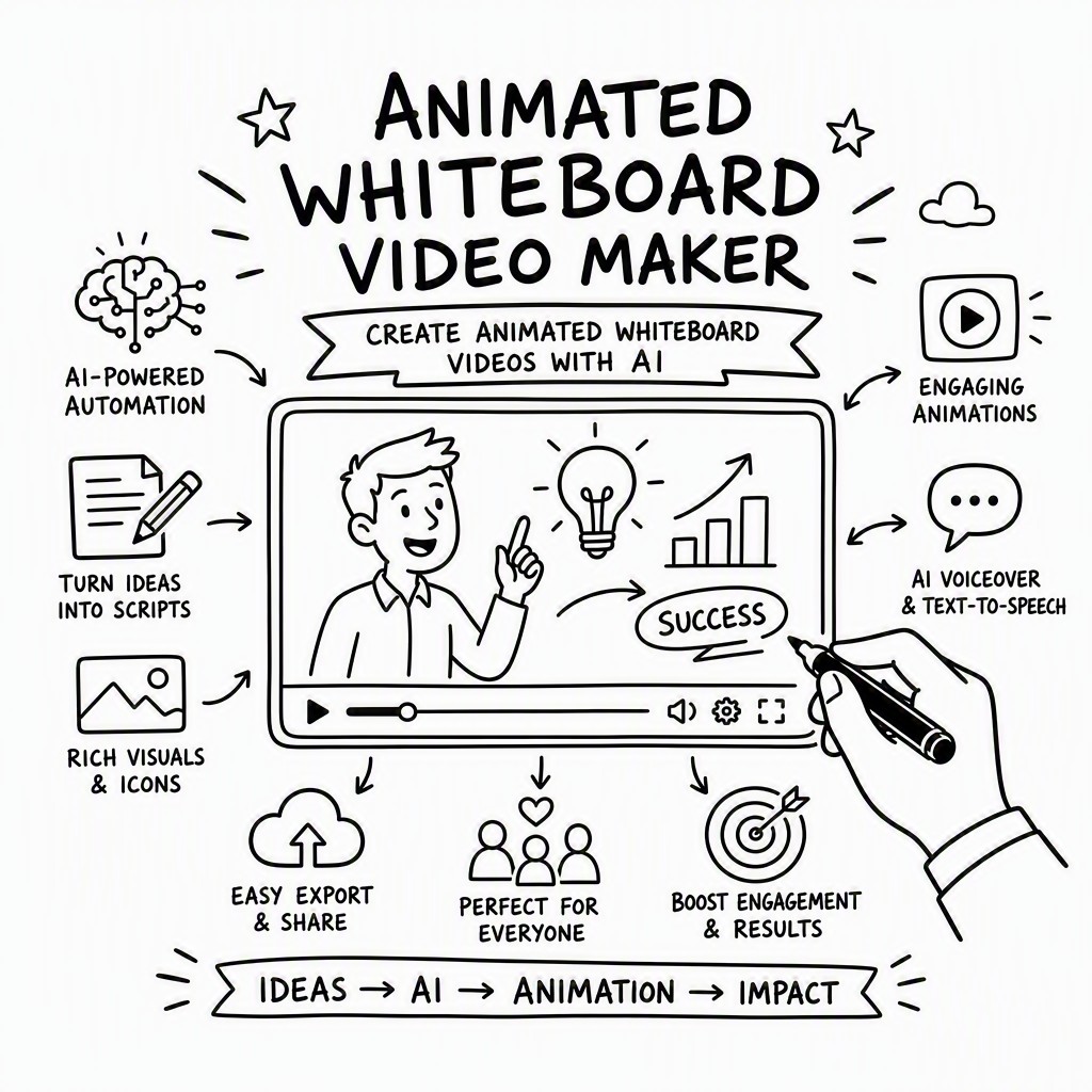 Whiteboard video maker scene editor showing character illustrations, text overlay, and voiceover controls