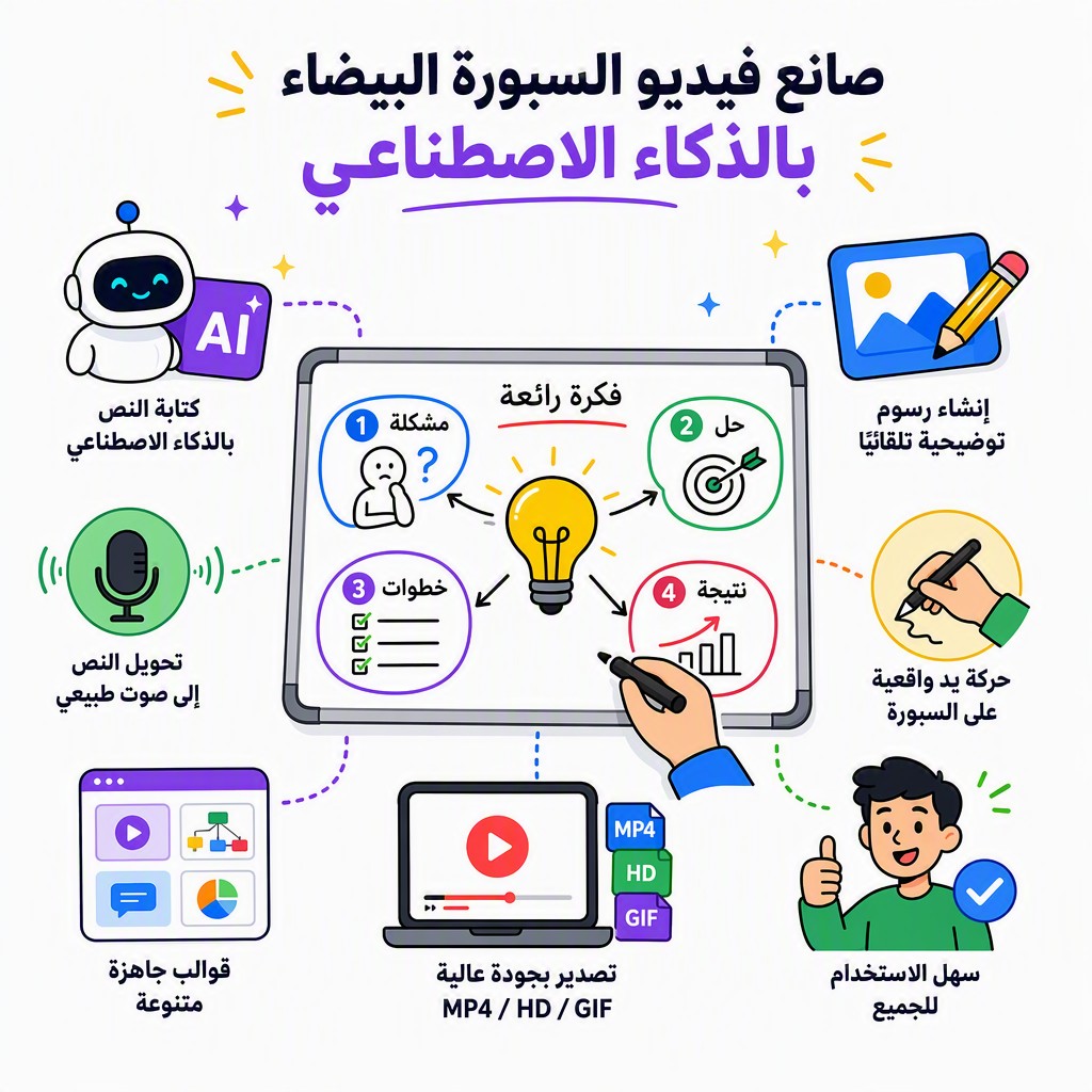 مثال على فيديو تعليمي بأسلوب السبورة البيضاء مُنشأ بالذكاء الاصطناعي مع تعليق صوتي عربي