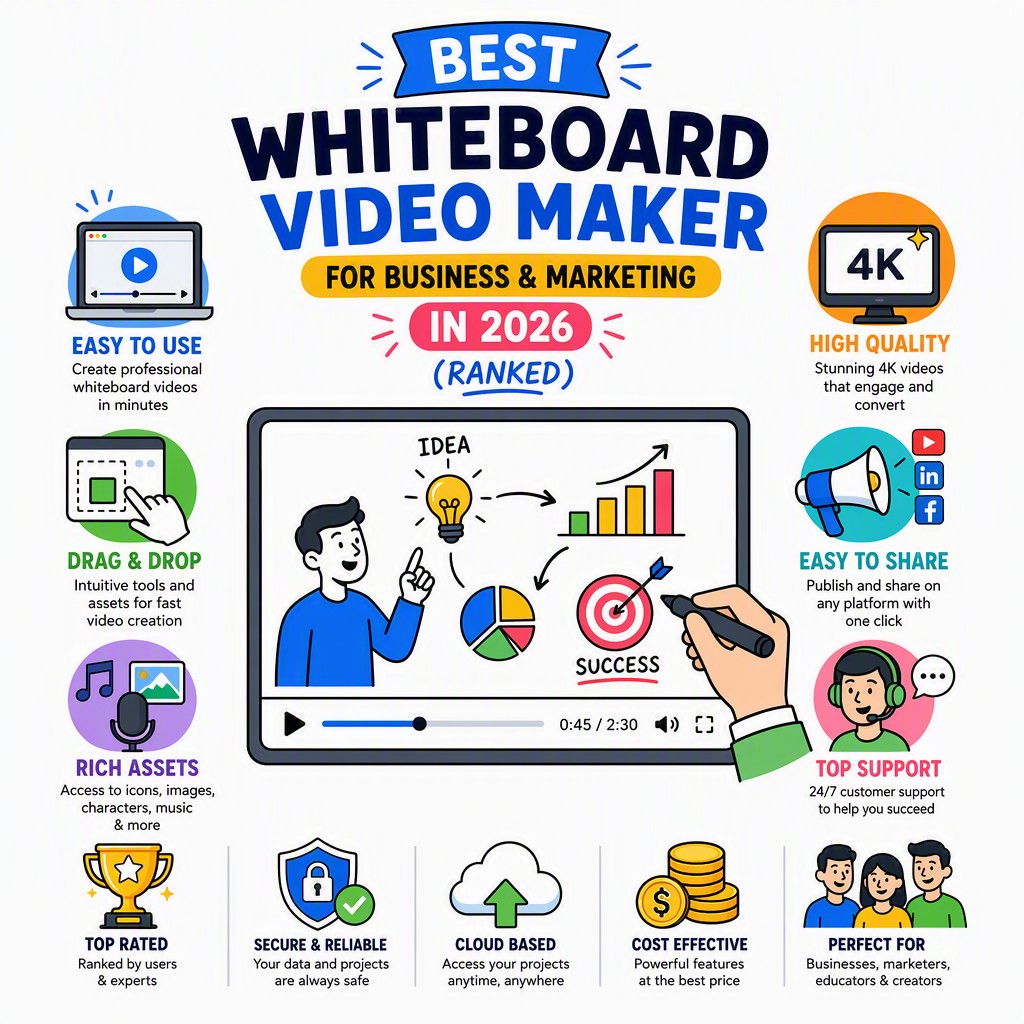 Whiteboard Video Maker AI interface showing how to turn a URL or PDF into a whiteboard business explainer video automatically
