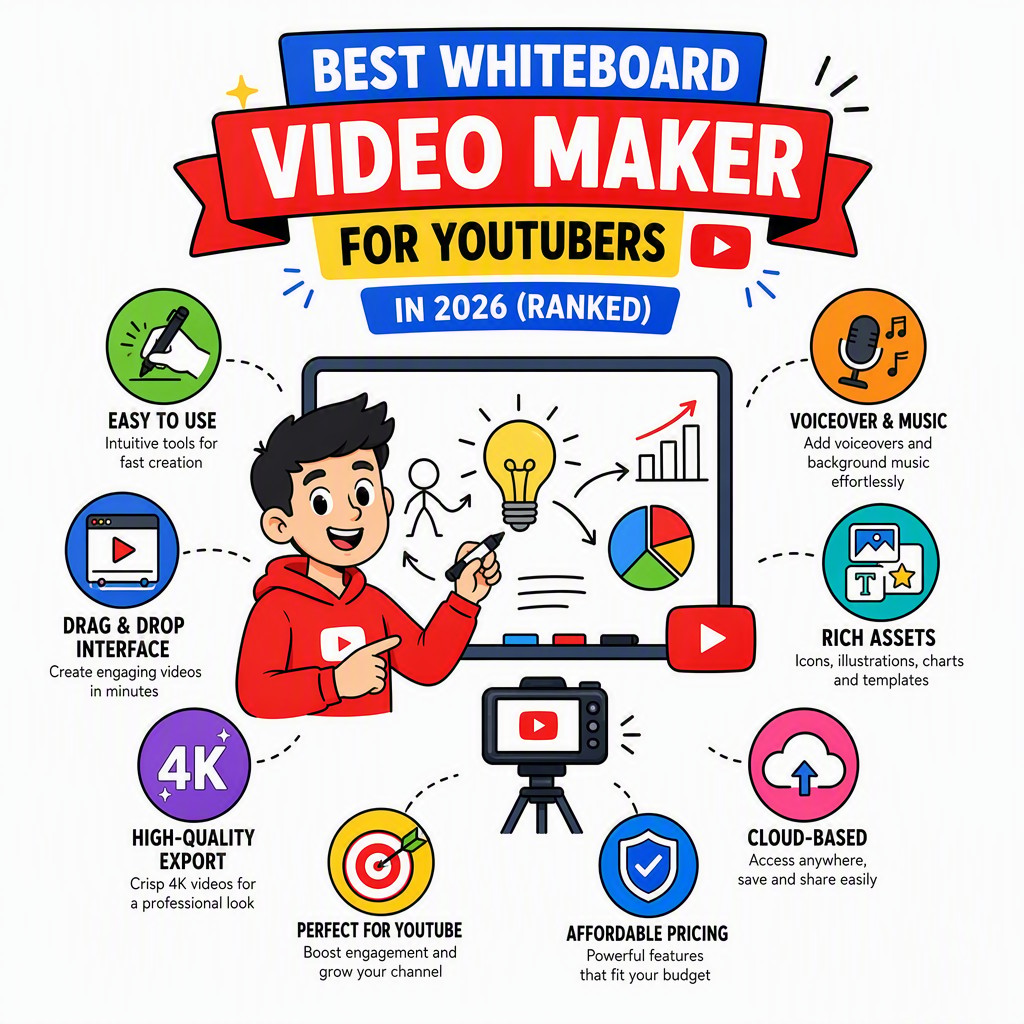 Whiteboard video maker for YouTubers — AI-generated whiteboard animation showing content creator workflow