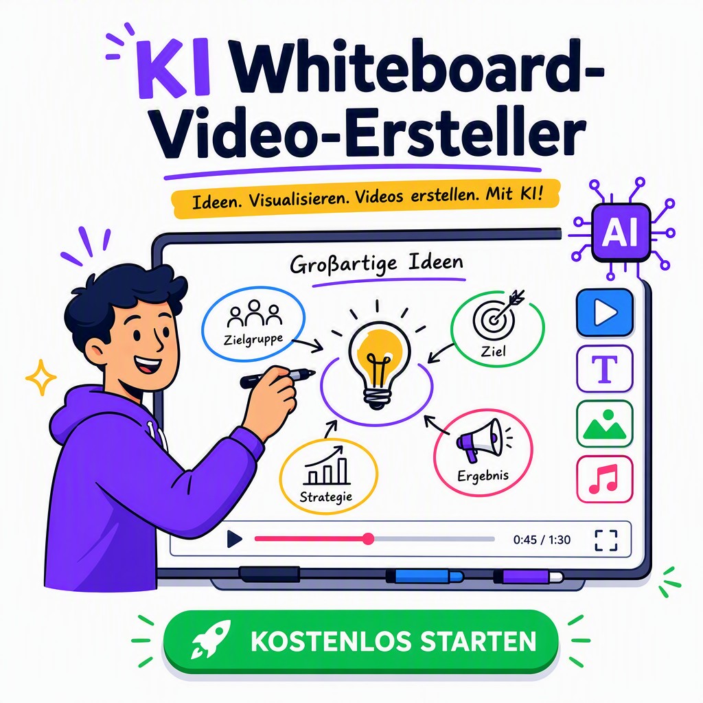 KI Whiteboard Video Ersteller – Screenshot der Benutzeroberfläche mit handgezeichneten Animationen und KI-Skript auf whiteboard-video.com