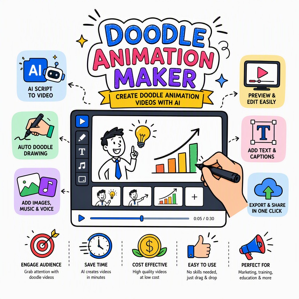 Doodle art video maker output showing hand-drawn doodle animation scene with sketched characters and icons