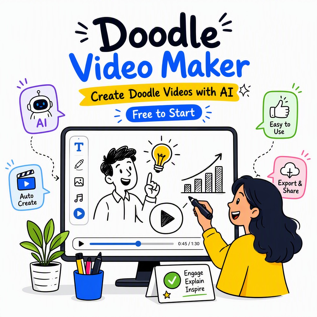 Doodle video maker interface showing hand-drawn animation being created with AI on Whiteboard Video Maker