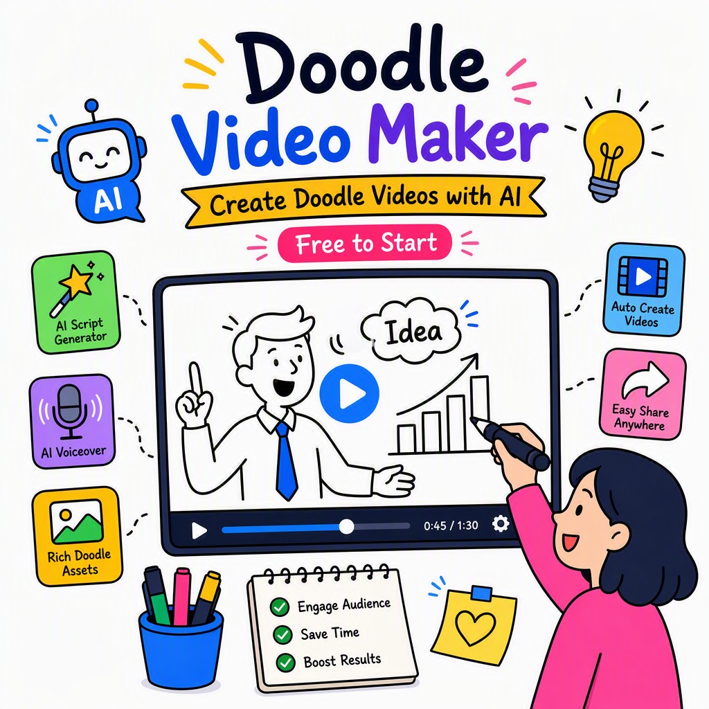 Example output from online doodle video maker showing hand-drawn animation scenes with AI narration and whiteboard style