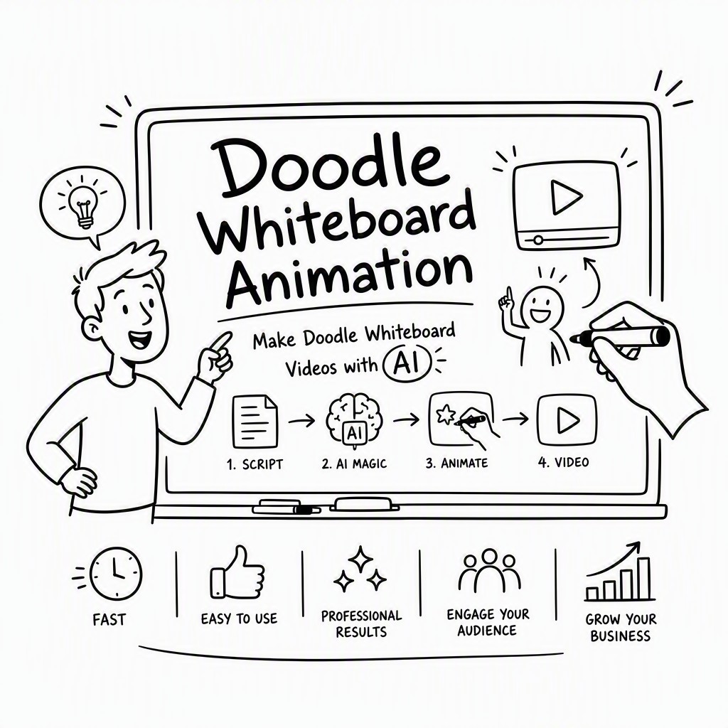 Doodle whiteboard animation example showing hand drawing on white background with AI-generated doodle art