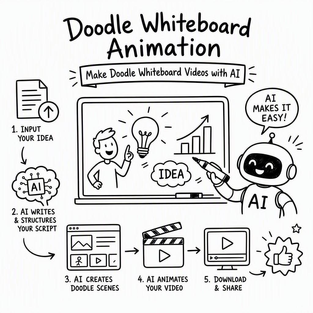 Whiteboard animation doodle style video with hand-drawn characters and animated drawing sequence on white canvas