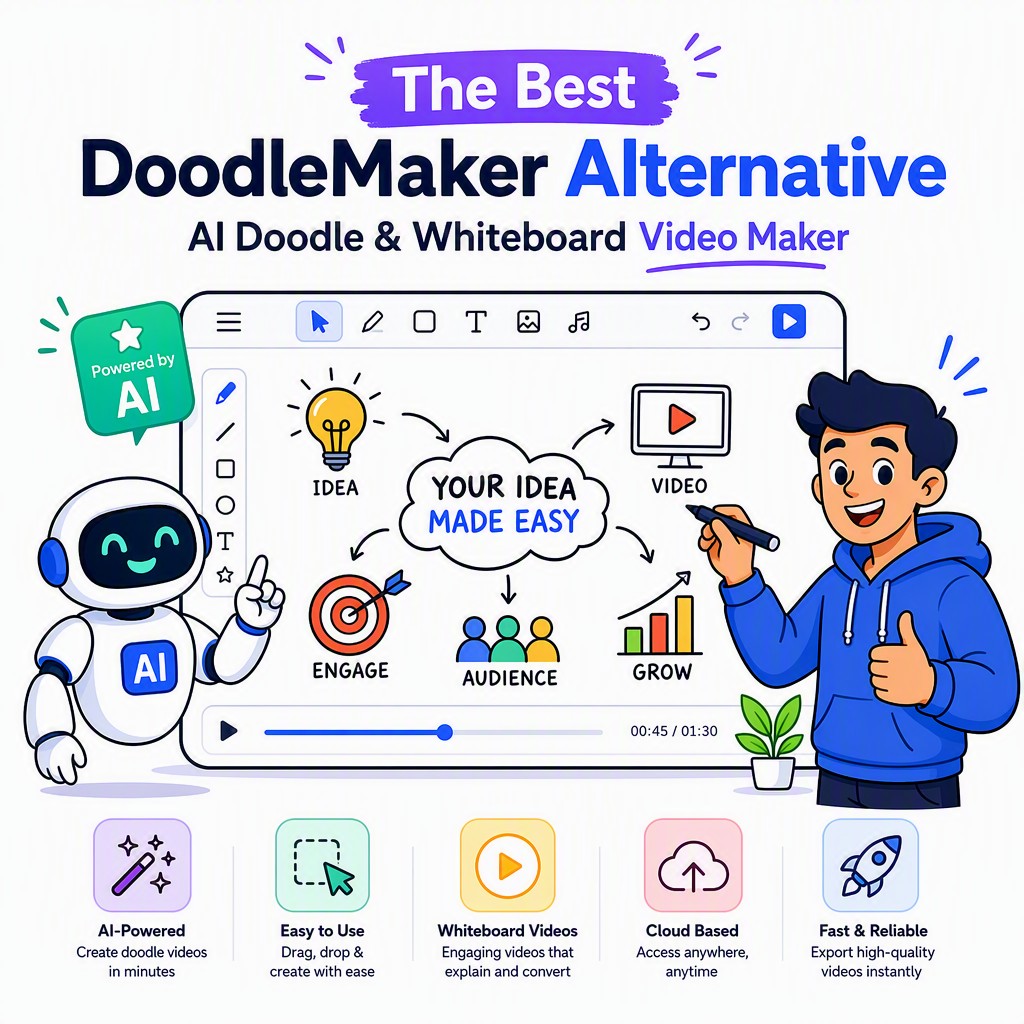 DoodleMaker alternative — AI whiteboard doodle video maker interface showing script and drawing automation