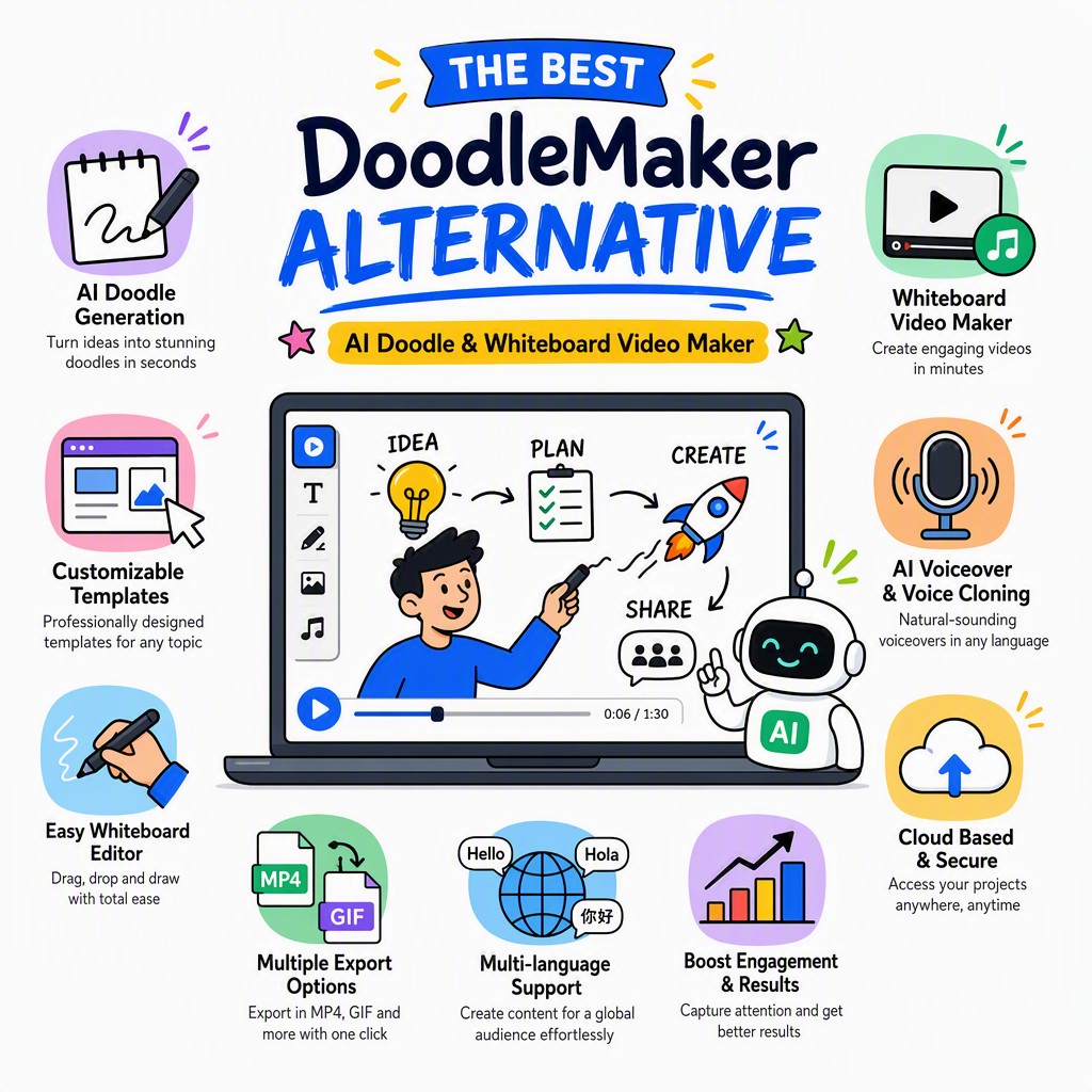 AI doodle video maker as a DoodleMaker alternative — whiteboard animation being created in a web browser with no download