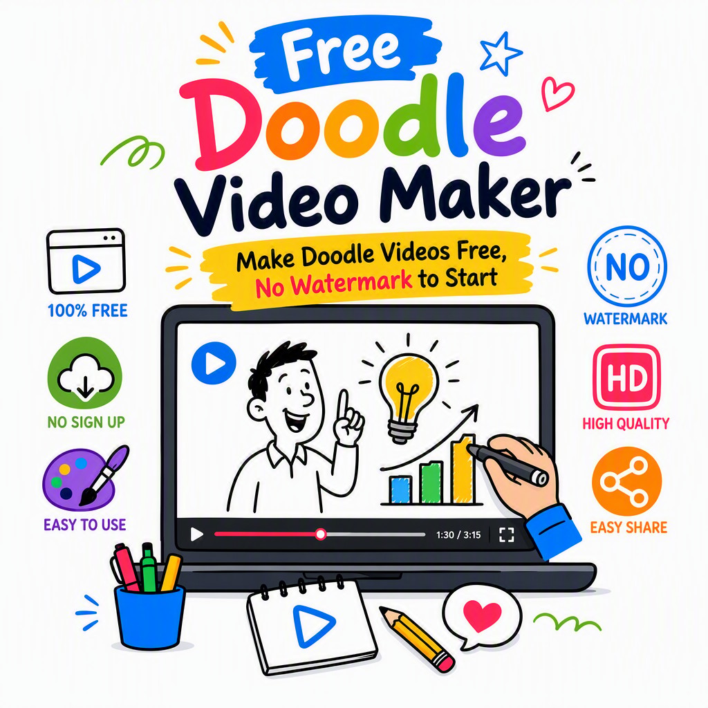 Doodle video maker free online tool showing whiteboard animation preview with hand-drawn characters