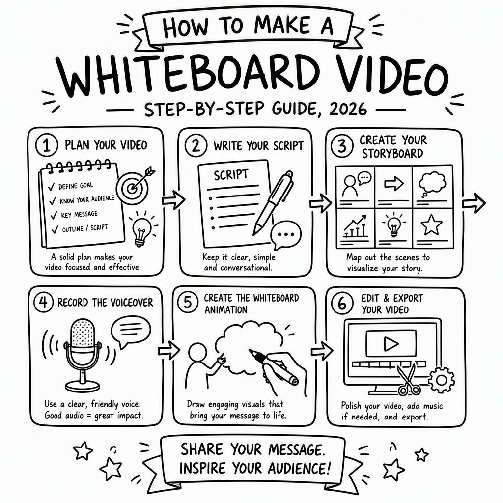 Whiteboard video maker editor showing scene-by-scene layout for making whiteboard animations