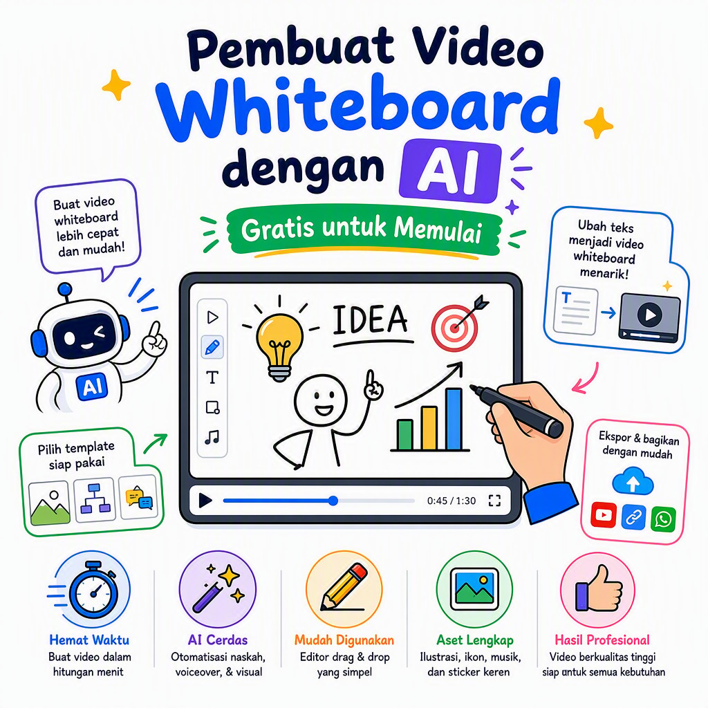 Video whiteboard profesional hasil AI dengan narasi suara alami dan animasi hand-drawn berkualitas HD
