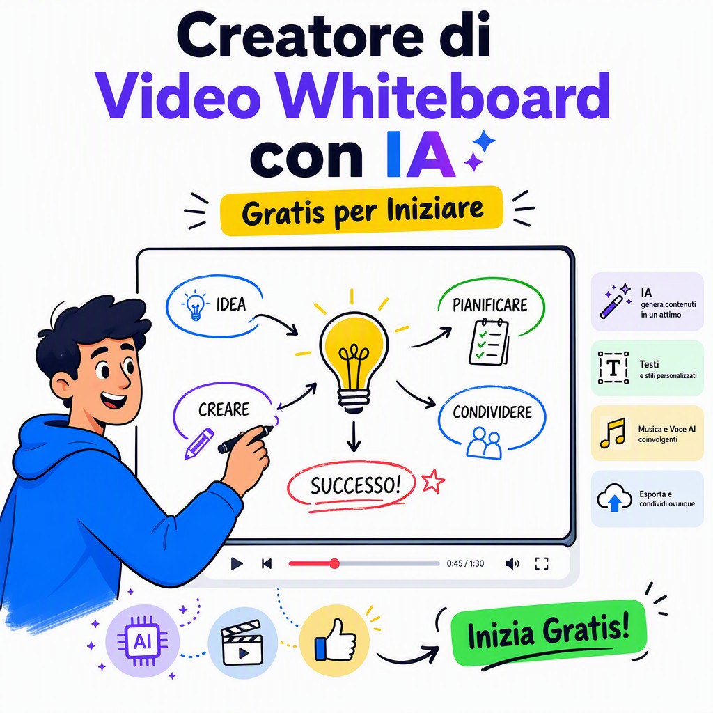 Creatore di video whiteboard con IA — interfaccia di Whiteboard Video Maker con animazioni disegnate a mano