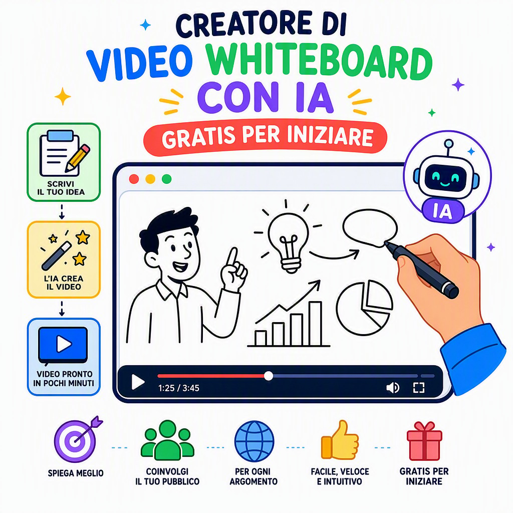 Interfaccia del creatore di video whiteboard con IA — editor di scene, sfondi e selezione voce narrante