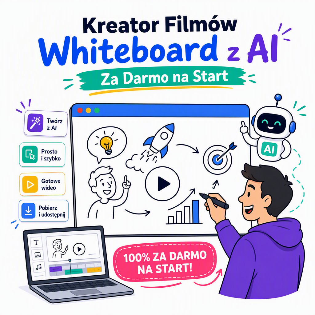 Kreator filmów whiteboard AI — interfejs aplikacji whiteboard-video.com pokazujący animowaną tablicę z rysunkami odręcznymi