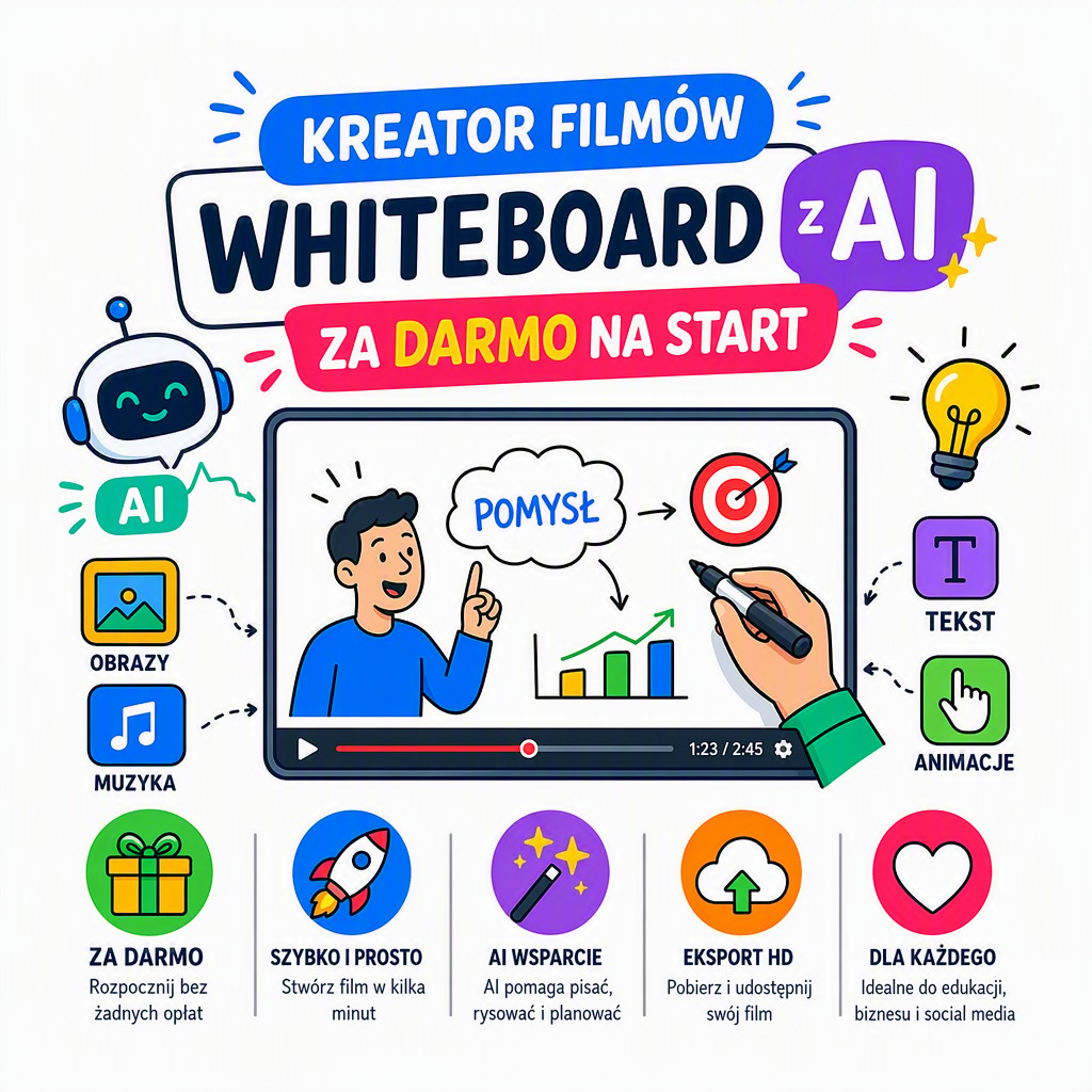 Przykładowy film whiteboard stworzony przez AI w aplikacji Whiteboard Video Maker — animacja tablicowa z odręcznymi rysunkami i lektorem