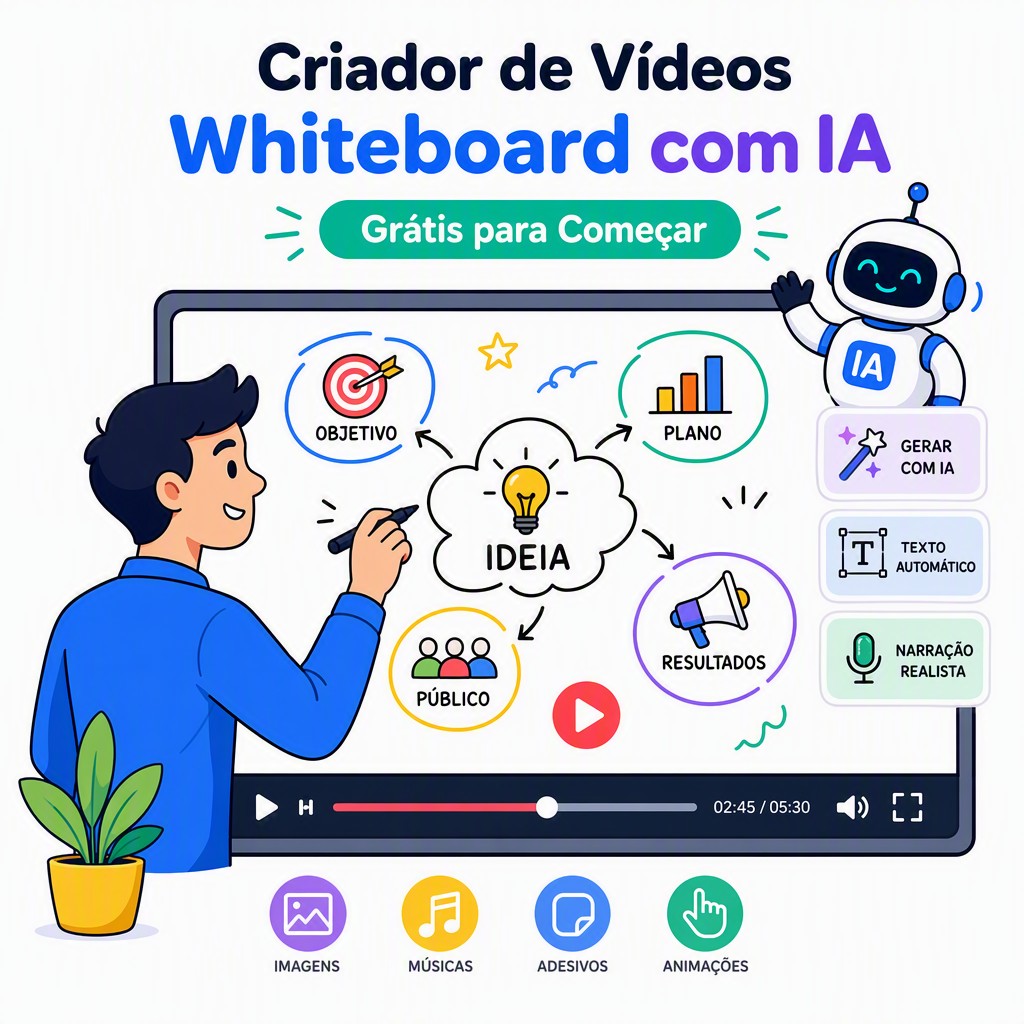 Criador de vídeos whiteboard com IA — interface do Whiteboard Video Maker mostrando animação gerada automaticamente