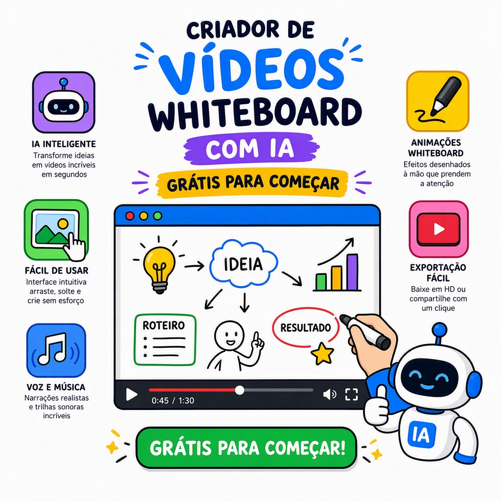 Exemplo de vídeo whiteboard criado com IA pelo Whiteboard Video Maker — cenas com ilustrações hand-drawn e narração automática em português