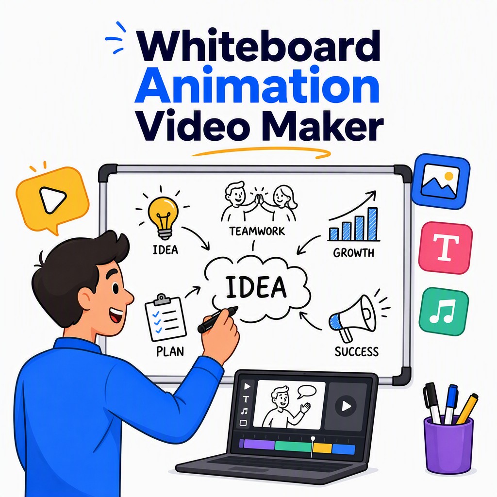 AI whiteboard animation video maker interface showing hand-drawn illustrations being generated automatically from a text prompt