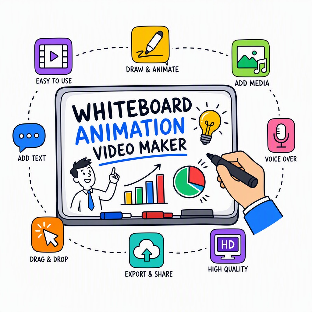 Whiteboard animation video maker showing multiple input types including PDF upload, URL input and text prompt for automatic whiteboard video creation
