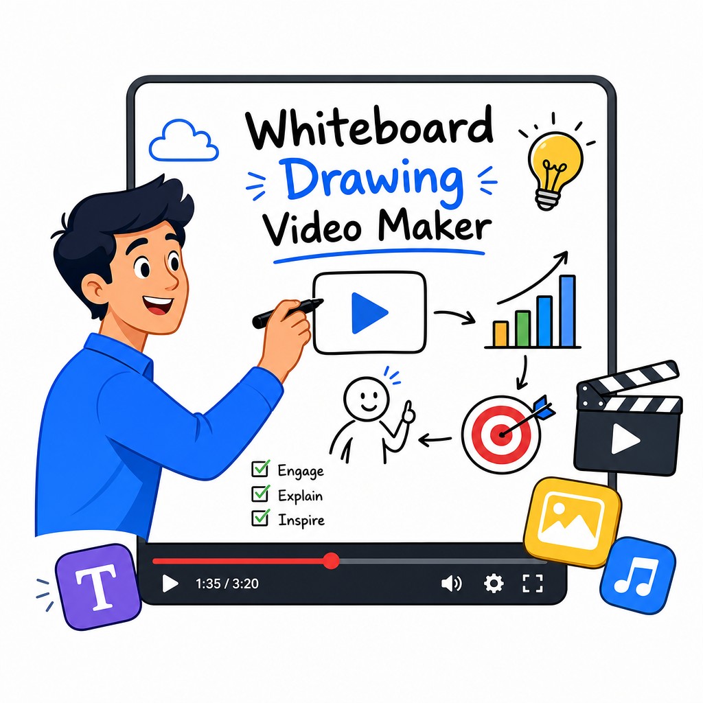 Whiteboard drawing video maker interface showing animated hand-drawn explainer video creation