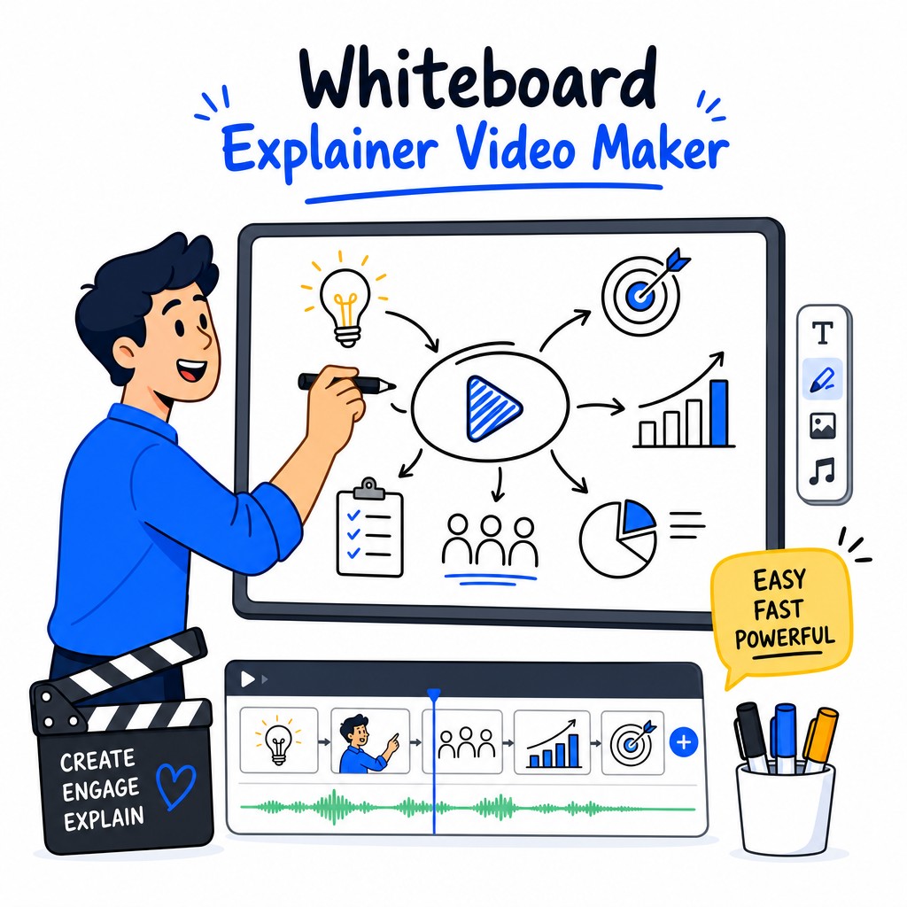 AI whiteboard explainer video maker interface showing hand-drawn animation being generated from a text prompt