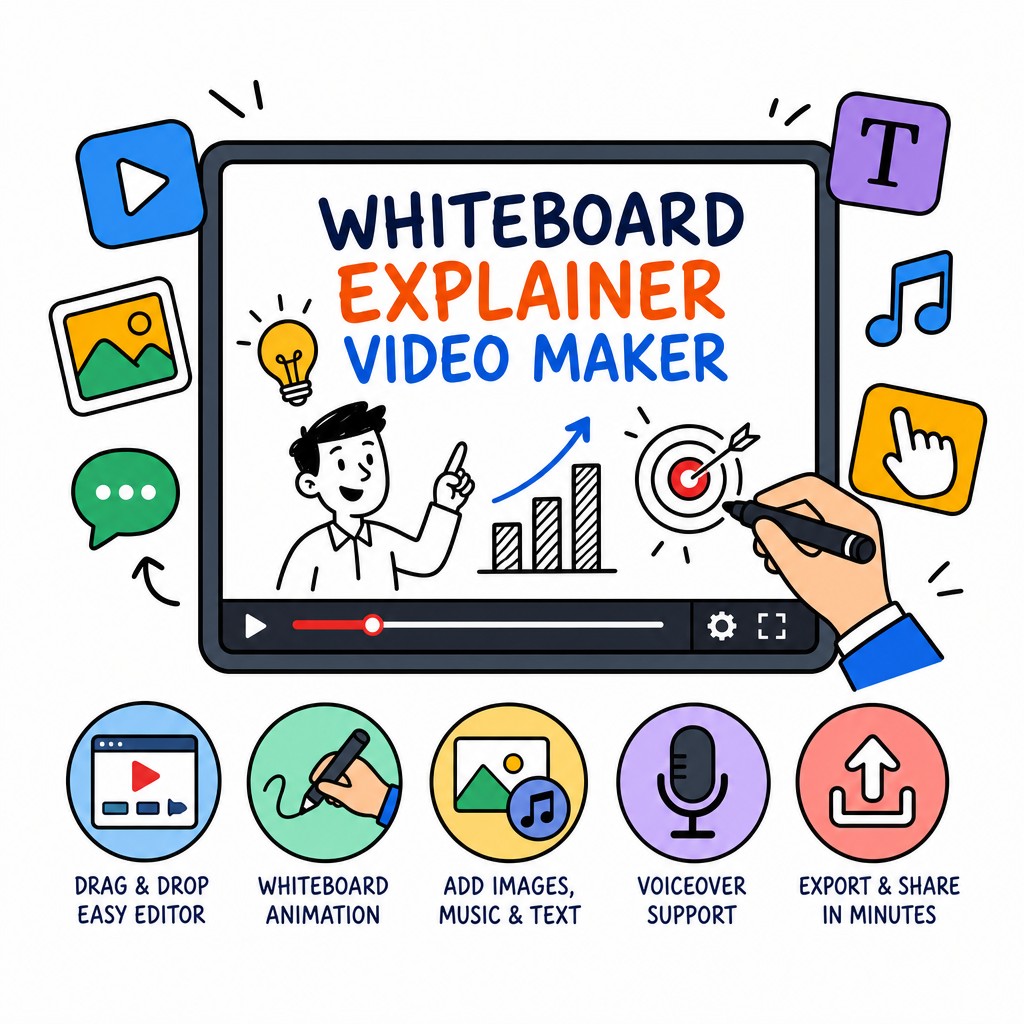 Whiteboard explainer video maker showing hand-drawn doodle animation frames with AI-generated script and voiceover timeline