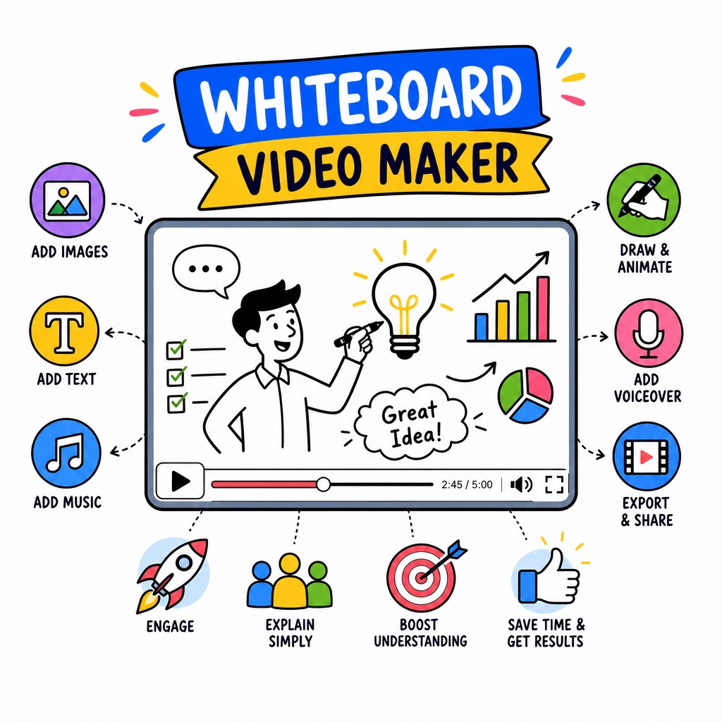 Whiteboard Video Maker AI platform showing the step-by-step whiteboard animation creation process with hand-drawn illustrations and script editor