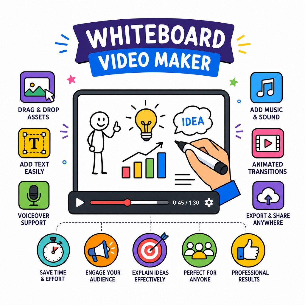 Whiteboard Video Maker online editor interface showing hand-drawn animation canvas and character library