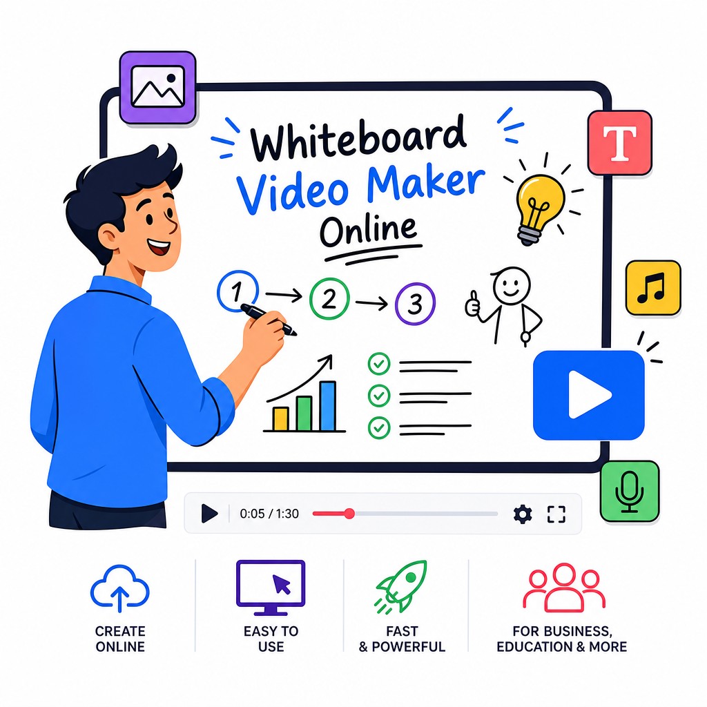Whiteboard Video Maker Online – animated explainer video creation interface showing hand-drawn animation tools