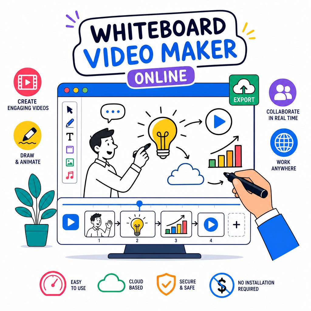 Whiteboard video maker online tool showing animated hand-drawn characters and scene editor for explainer videos